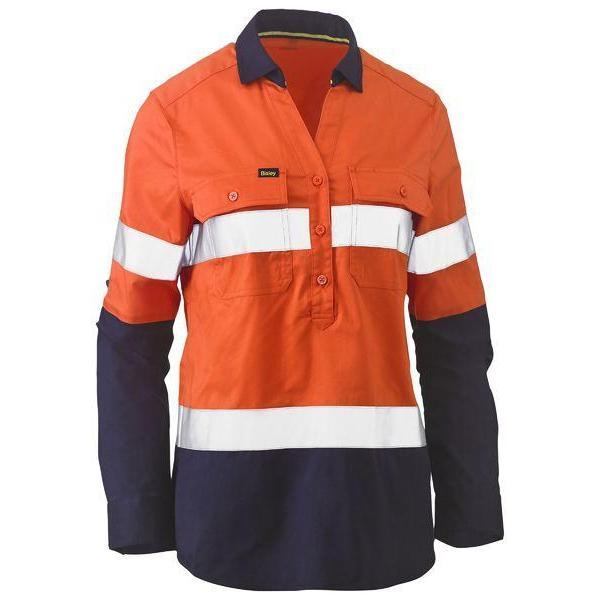 Bisley Womens Taped HiVis Stretch V-Neck Closed Front Long Sleeve Shirt - BLC6064T-Queensland Workwear Supplies