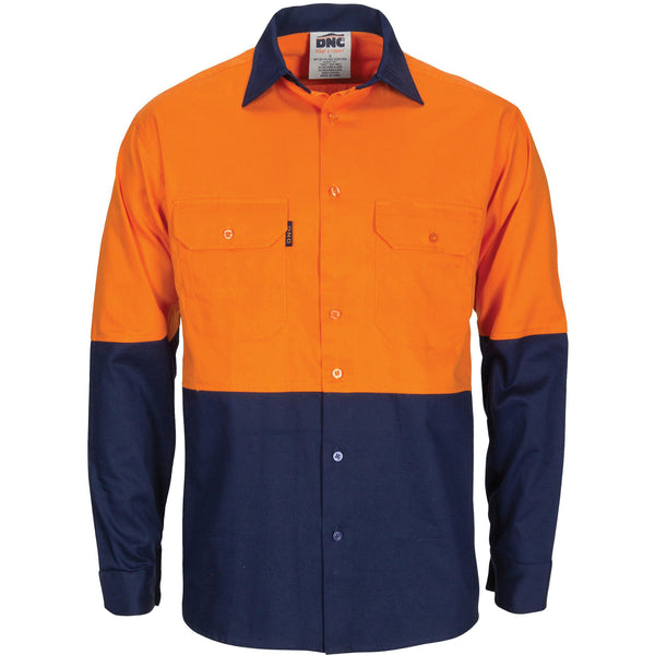 DNC HiVis 2-Tone Cool-Breeze Regular Weight Gusset Long Sleeve Cotton Shirt - 3781-Queensland Workwear Supplies