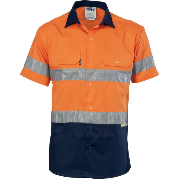 DNC Taped HiVis 2-Tone Light Weight Short Sleeve Cotton Shirt - 3887-Queensland Workwear Supplies